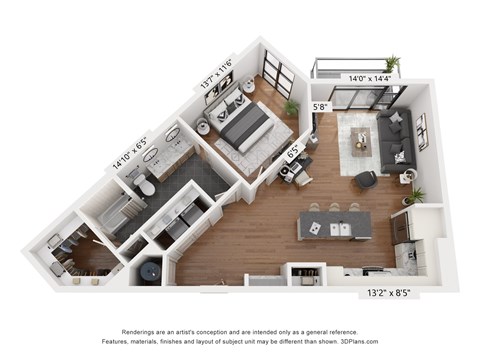 Floor plan for 1 bed, 1 bath, 851 sqft